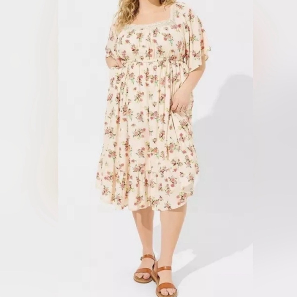Torrid Women’s Floral Midi Length Washable Gauze Peasant Fit & Flare Dress 4